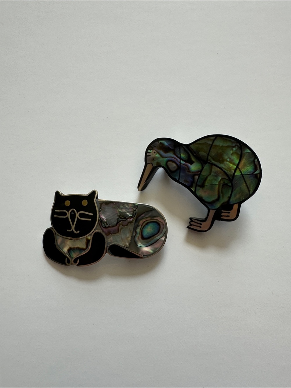 Abalone Inlay Cat and Kiwi Enamel Pins - Iridescent Green Black